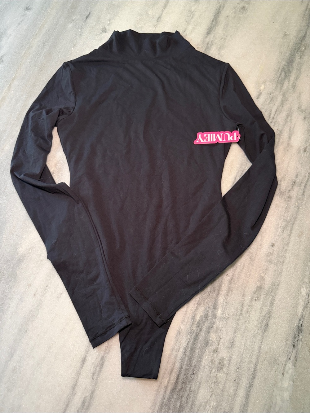 PUMA Women’s Black Long-Sleeve Mock Neck Bodysuit with Pink Logo